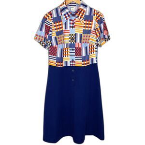 VTG 70's 2 pc Womens Dress Graphic Print Mixed Media Button Front Union label